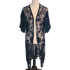 Ember Black Lace Duster Kimono XL Sheer Floral Boho Whimsigoth Festival Romantic